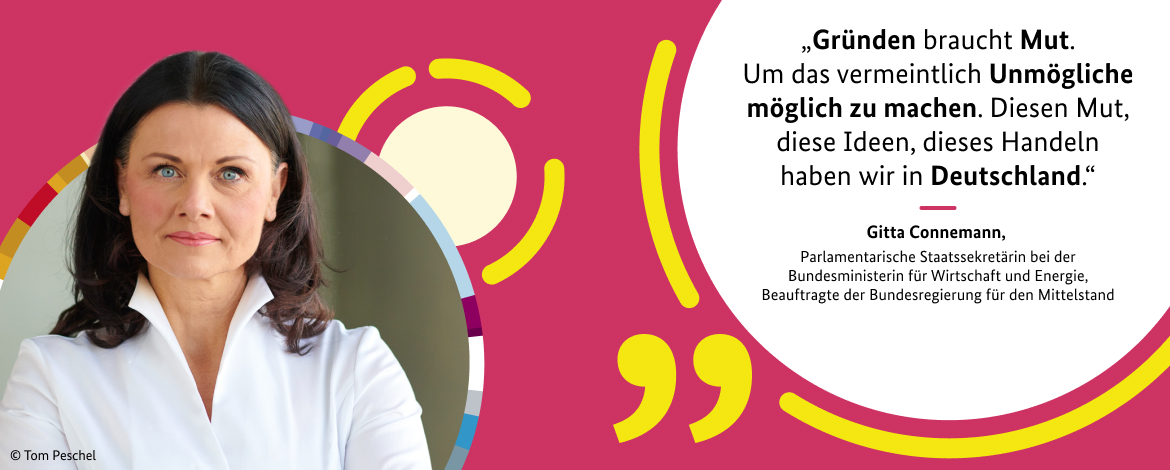 Gerade heute – mit Herausforderungen wie Fachkräftemangel, Digitalisierung und zu wenig Nachwuchs – brauchen wir die jungen Gründen braucht Mut. Um das vermeintlich Unmögliche möglich zu machen. Diesen Mut, diese Ideen, dieses Handeln haben wir in Deutschland. Gitta Connemann, Parlamentarische Staatssekretärin bei der Bundesministerin für Wirtschaft und Energie, Beauftragte der Bundesregierung für den Mittelstand