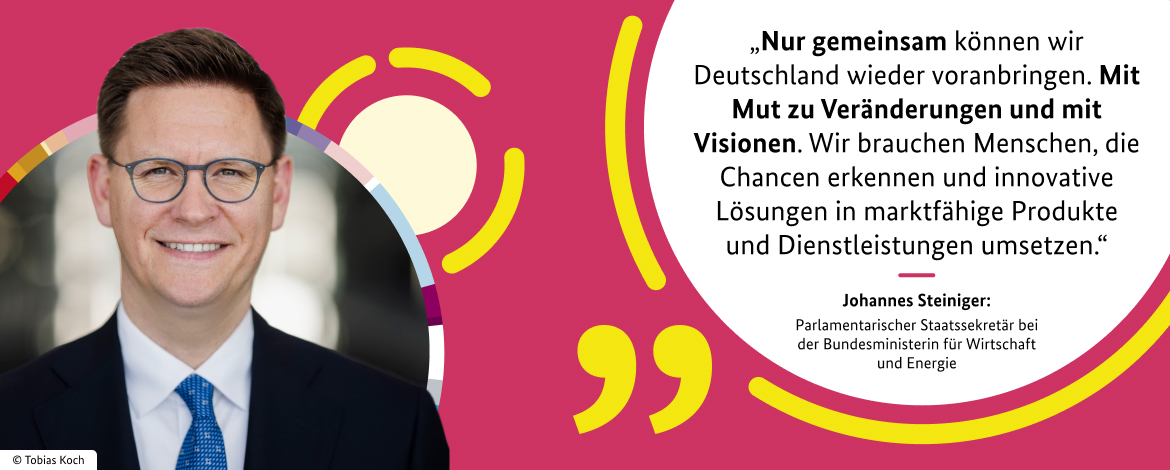 Nur gemeinsam können wir Deutschland wieder voranbringen. Mit Mut zu Veränderungen und mit Visionen. Wir brauchen Menschen, die Chancen erkennen und innovative Lösungen in marktfähige Produkte und Dienstleistungen umsetzen. Johannes Steininger: Parlamentarischer Staatssekretär bei der Bundesministerin für Wirtschaft und Energie