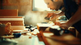 Eine Person arbeitet konzentriert mit Holz in einer Werkstatt.