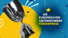 Hand hält Pokal. Daneben der Schriftzug Die Europäischen Unternehmensförderpreise