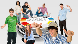 Gruppe Jugendlicher auf und um einen Button mit Gründungswoche-Logo; Link zum Rückblick 2012
